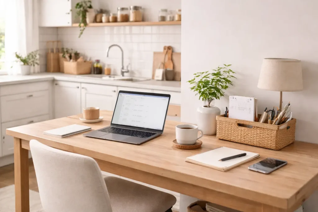 Organized home workspace showing simple systems that help reduce common daily issues and improve time efficiency
