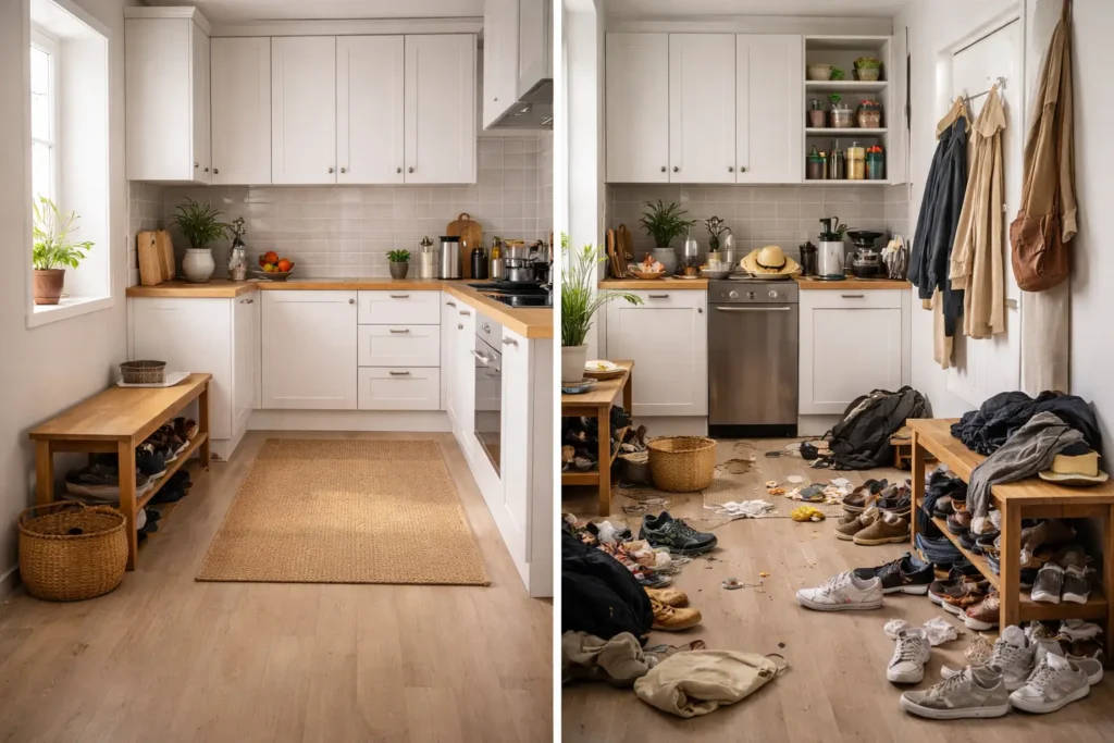 Before and after comparison showing how common household problems develop from clutter and unclear storage systems