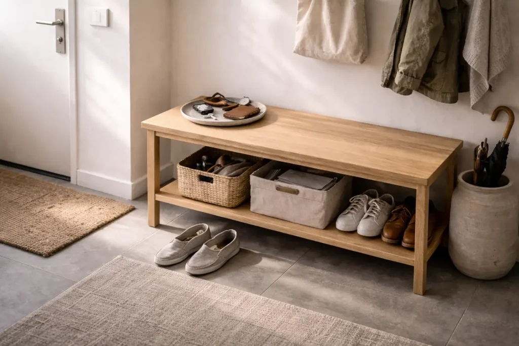 Functional entryway setup showing subtle daily friction in routine with organized storage and small transitional items