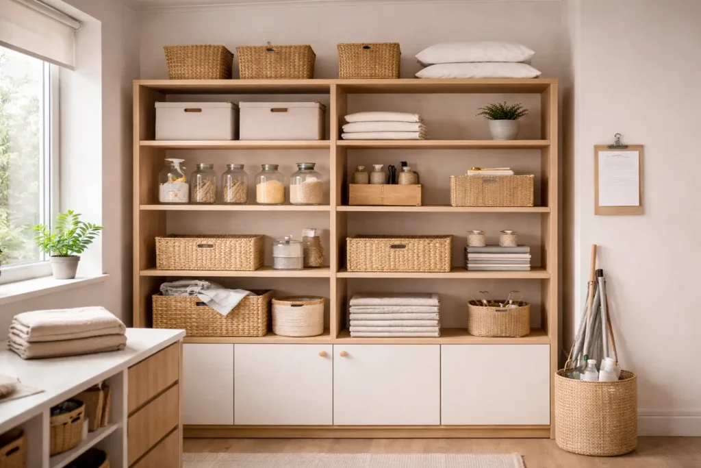 Light wood structured shelving system in a neutral home interior, showing organized storage designed to prevent recurring daily problems and friction.