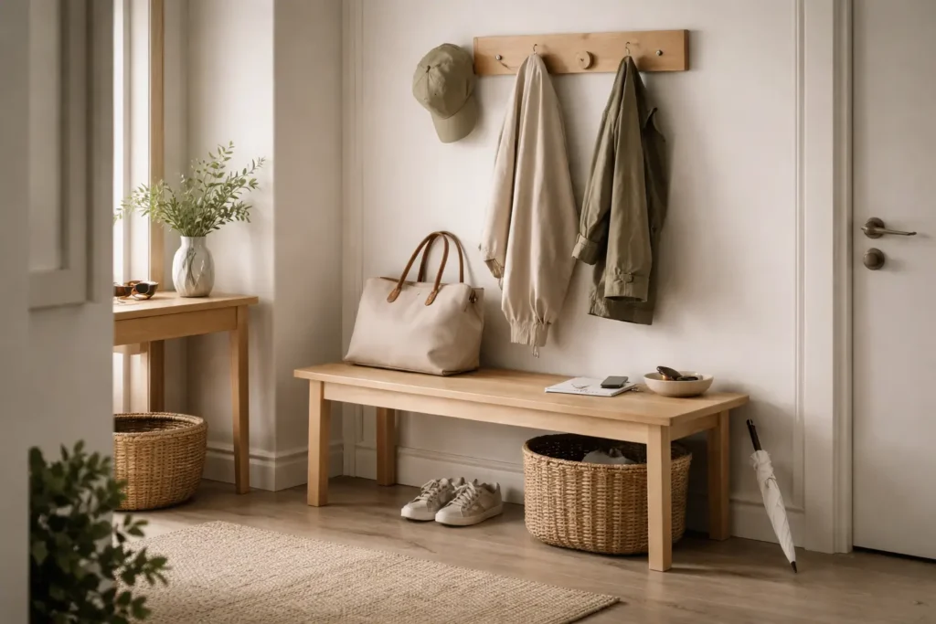 Organized functional entryway designed to reduce stressful situations at home through structured storage and clear daily flow.