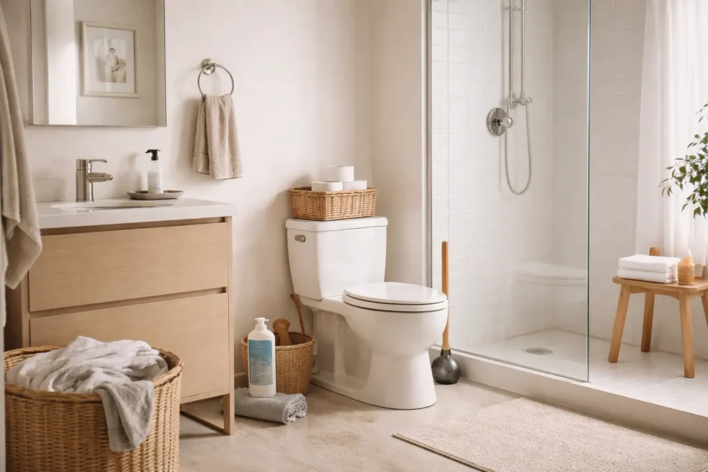 bathroom with drain cleaning tools and cleaning products indicating sewage smell issue