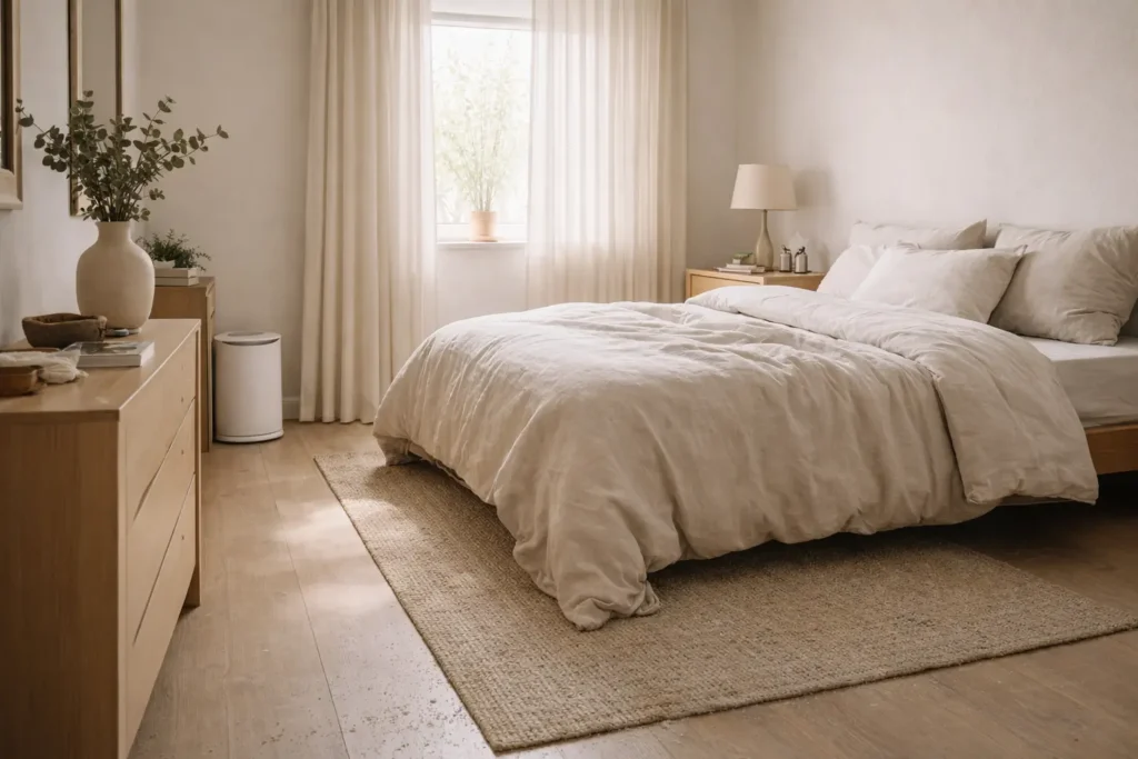 bedroom with natural light and fabric surfaces showing subtle dust accumulation texture