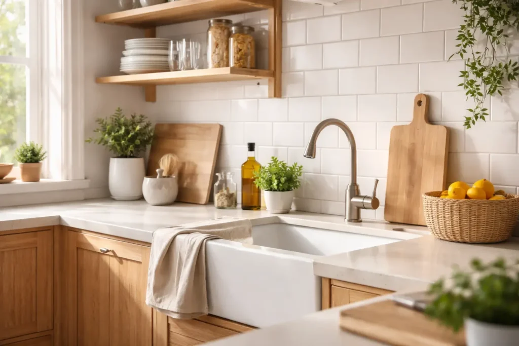 clean and organized kitchen sink with natural light and minimal countertop setup