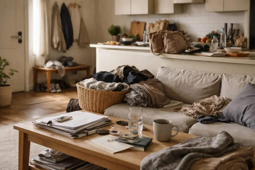 clutter returning in living room with items scattered across table and surfaces in natural light