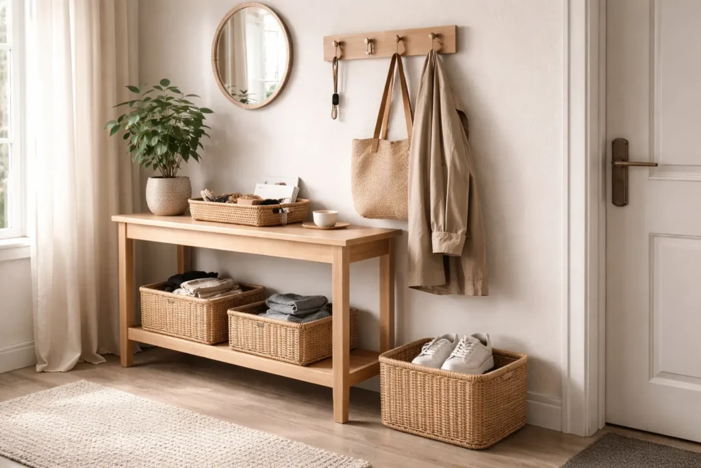 Organized entryway system with defined storage zones reducing daily friction and improving household flow