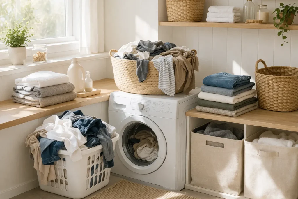 laundry piling up in baskets with overflowing clothes in a natural light laundry room