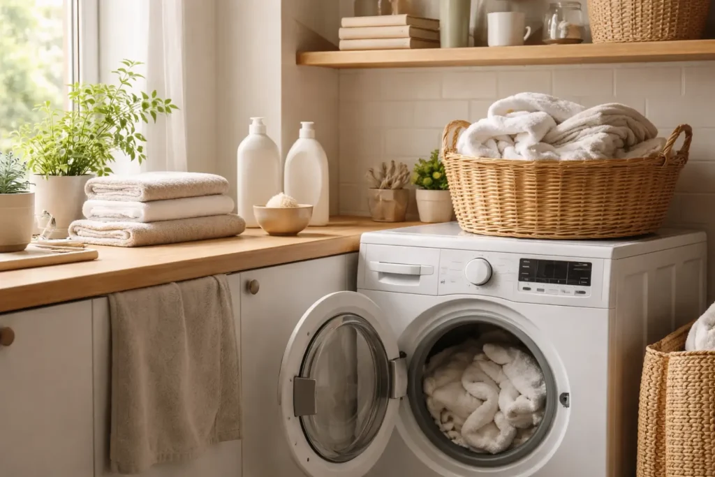 clean laundry room with washing machine and neatly folded towels in natural light