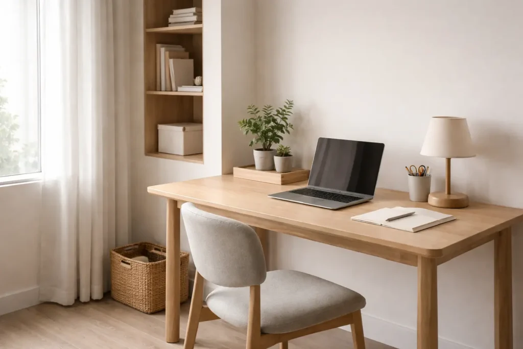 minimalist home workspace with desk and natural light representing task efficiency and focus