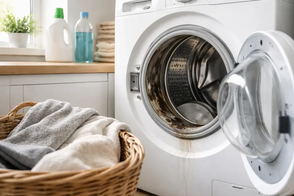 mold and residue buildup inside washing machine rubber gasket causing bad smell
