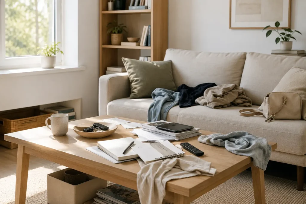 living room with recurring clutter on surfaces illustrating how everyday items accumulate through repeated household habits