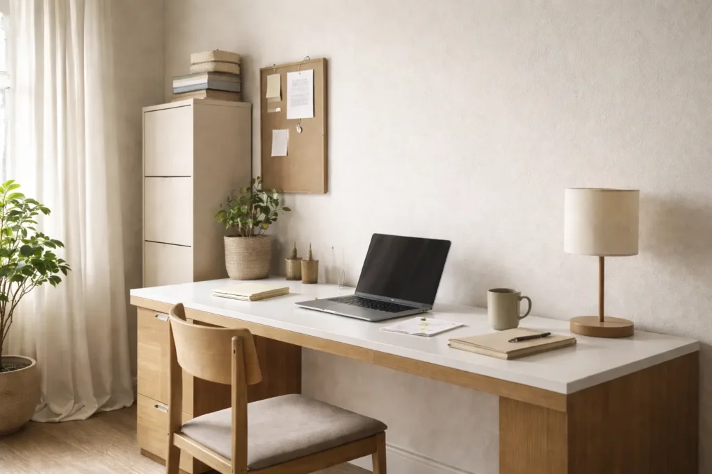 Minimalist home workspace with structured desk setup illustrating why everyday tasks feel complicated due to structural friction and environmental design