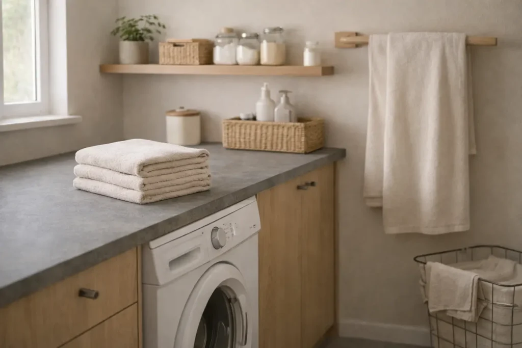Clean laundry setup with organized towels and washing machine showing proper routine to prevent towel odor