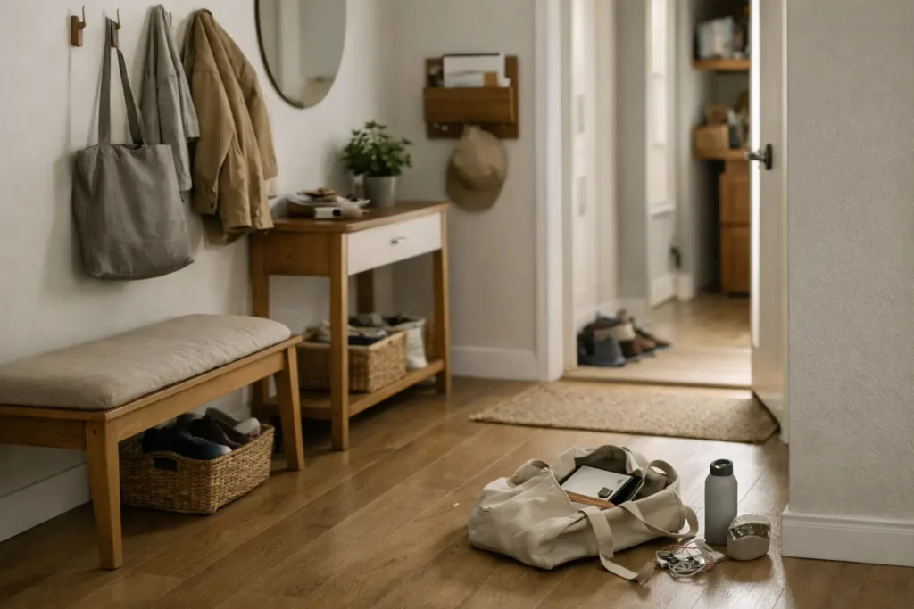 functional entryway with everyday items out of place showing daily friction and recurring problems