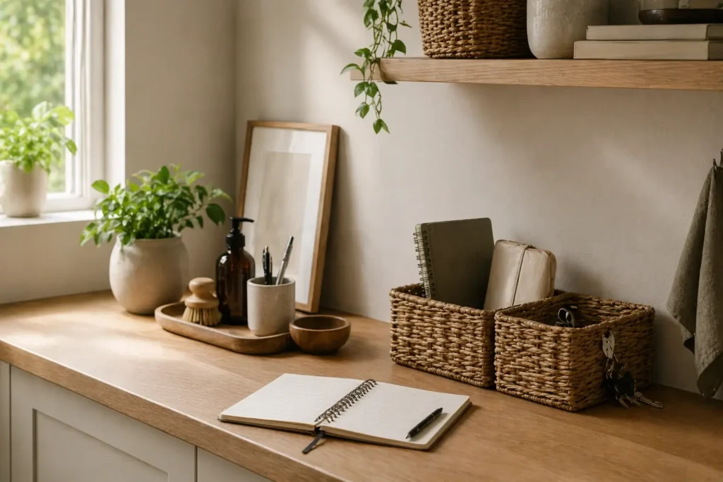 organized home shelving and countertop showing structured long term household maintenance system and daily stability
