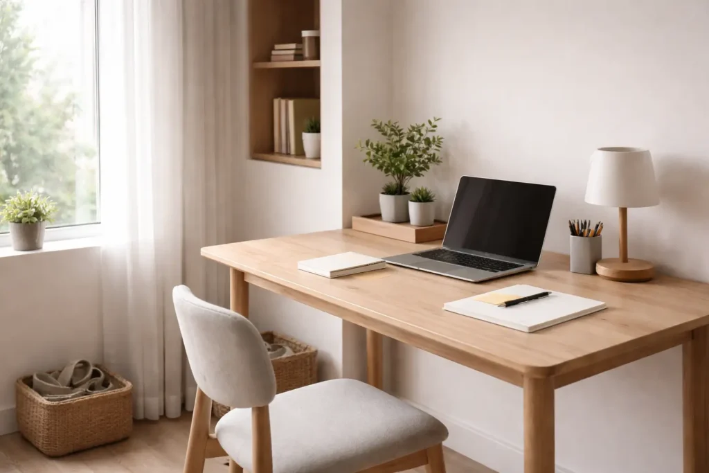 organized minimalist workspace with desk and tools representing simple home systems