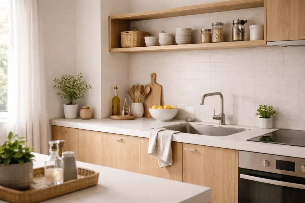 organized kitchen with natural light and functional layout representing reduced daily friction