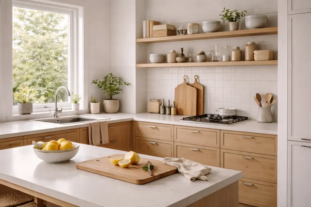 organized kitchen with simple home systems and natural light showing structured daily routines