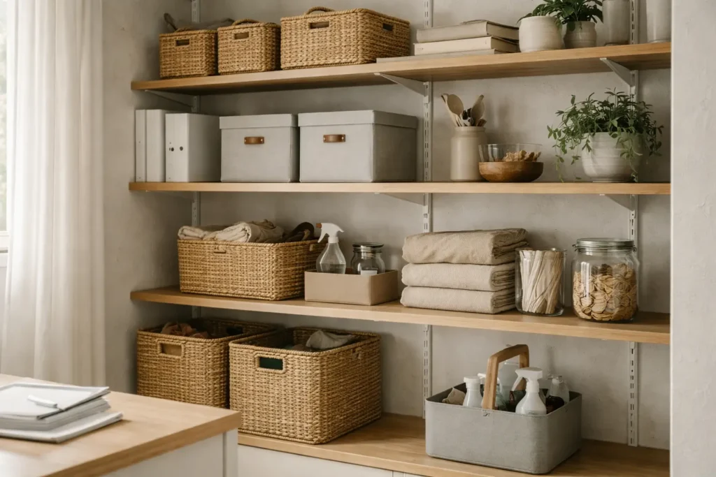 organized home shelving system with baskets and containers showing small daily adjustments and structured storage