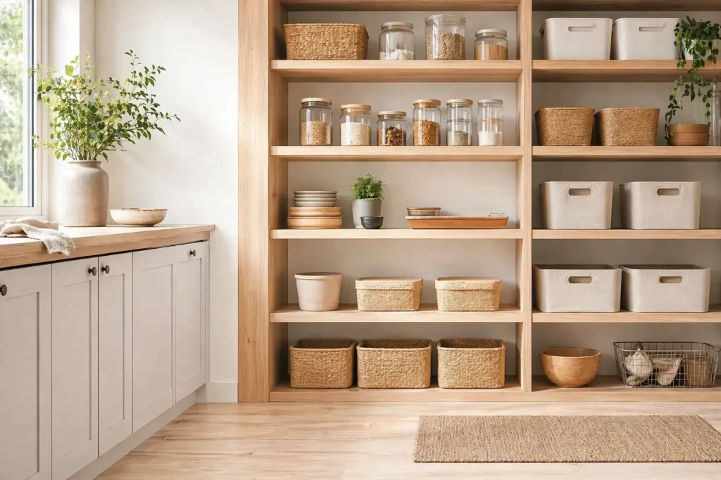 organized home shelving and storage system showing structured preventive setup to avoid recurring household issues
