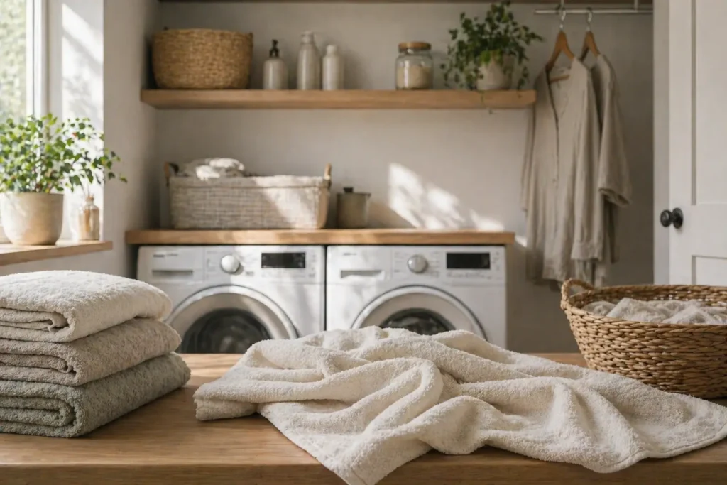 clean towels in a bright laundry room showing proper washing and drying process to prevent odor after drying