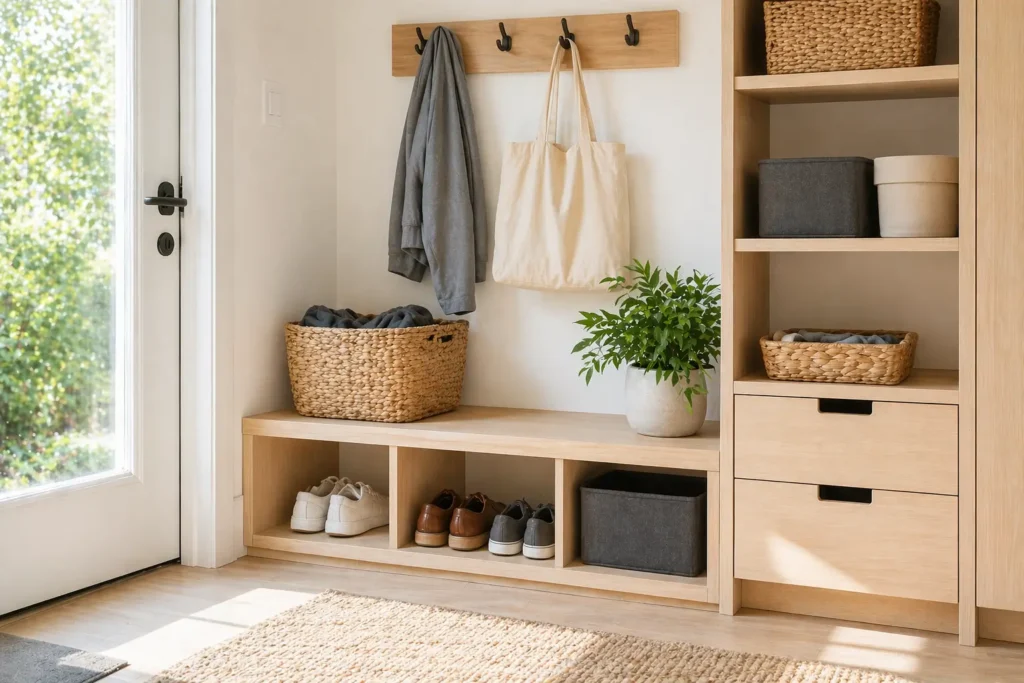 organized entryway system with storage and daily-use items showing structure that prevents house from getting messy quickly