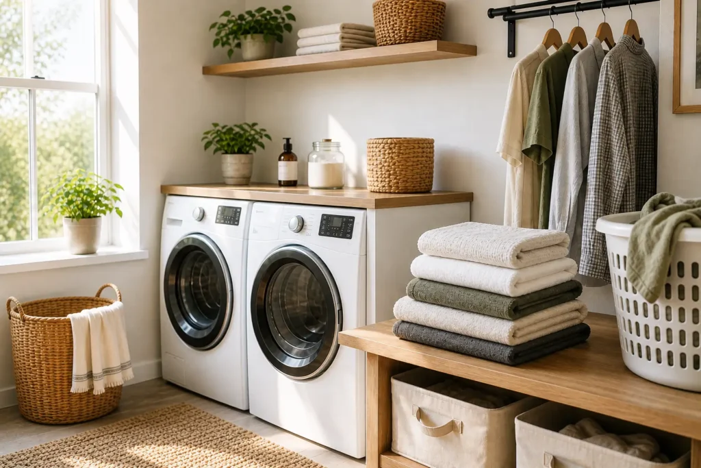 clean clothes and towels in a bright laundry room showing proper washing and drying process to prevent clothes smell after drying