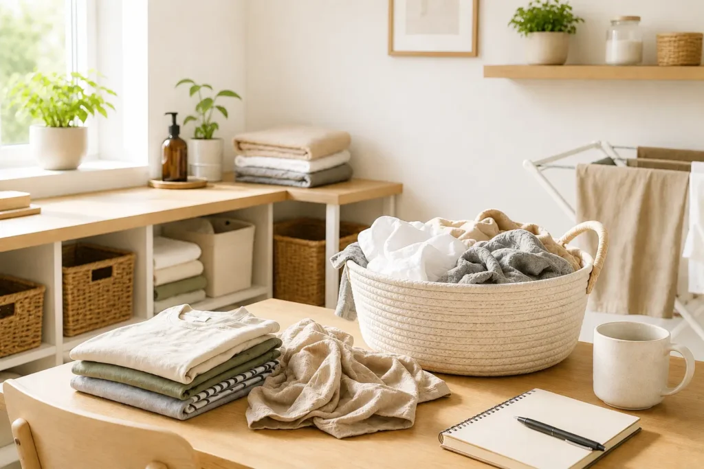 laundry basket, folded clothes and drying rack representing recurring household laundry flow and ongoing daily maintenance
