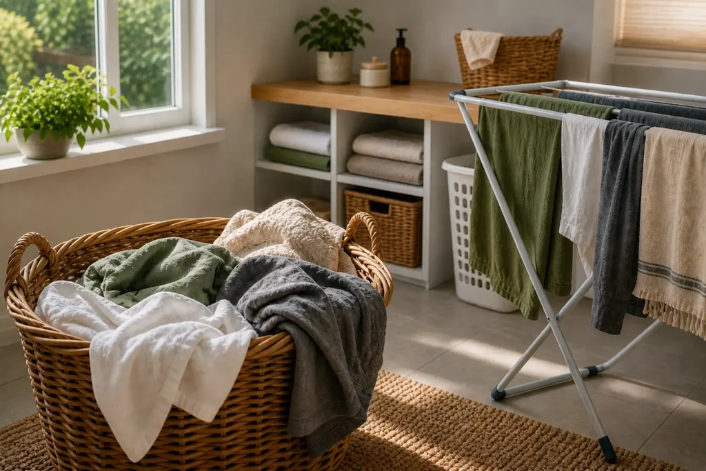 freshly washed clothes in a basket and drying rack showing the washing and drying process that can cause laundry to smell worse after washing