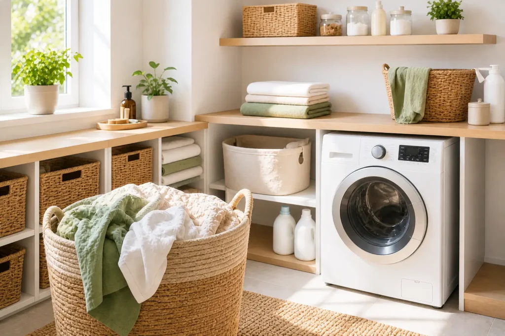 organized laundry system at home with washing machine, storage shelves and clean clothes showing a structured and efficient laundry process