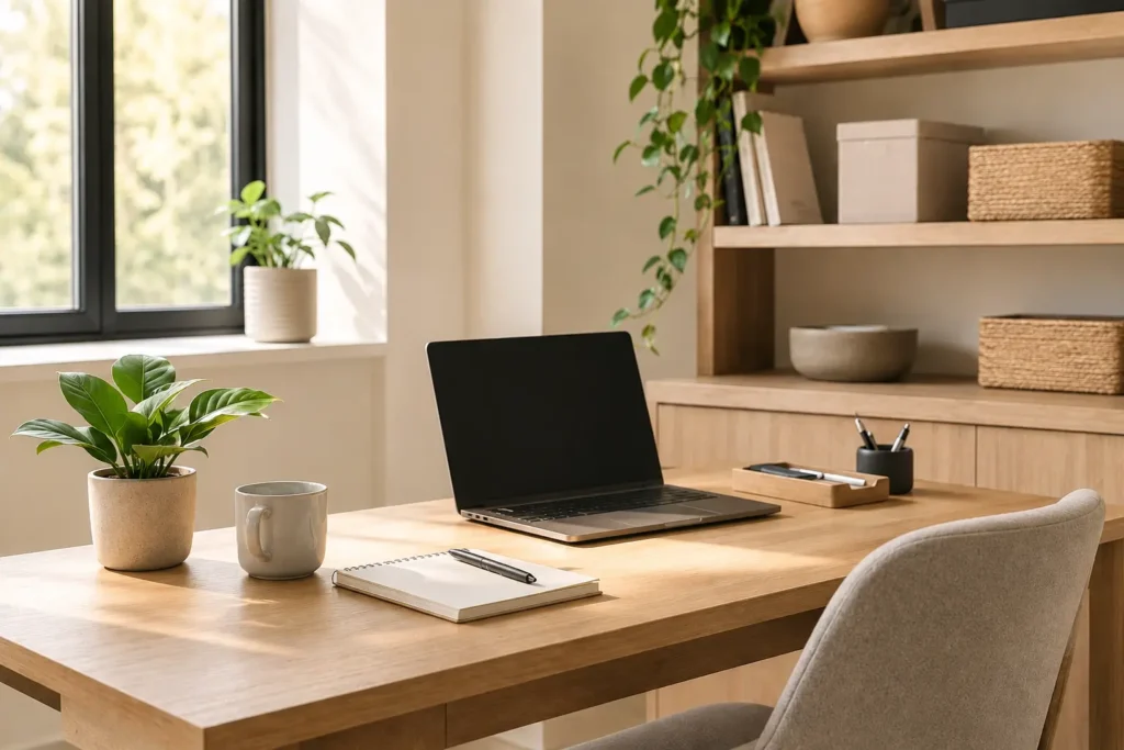 minimalist functional home workspace illustrating the difference between organization and efficiency in a household system