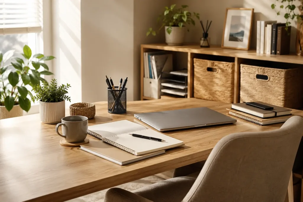 organized home workspace with notebook laptop and daily planning tools representing recurring responsibilities and mental workload