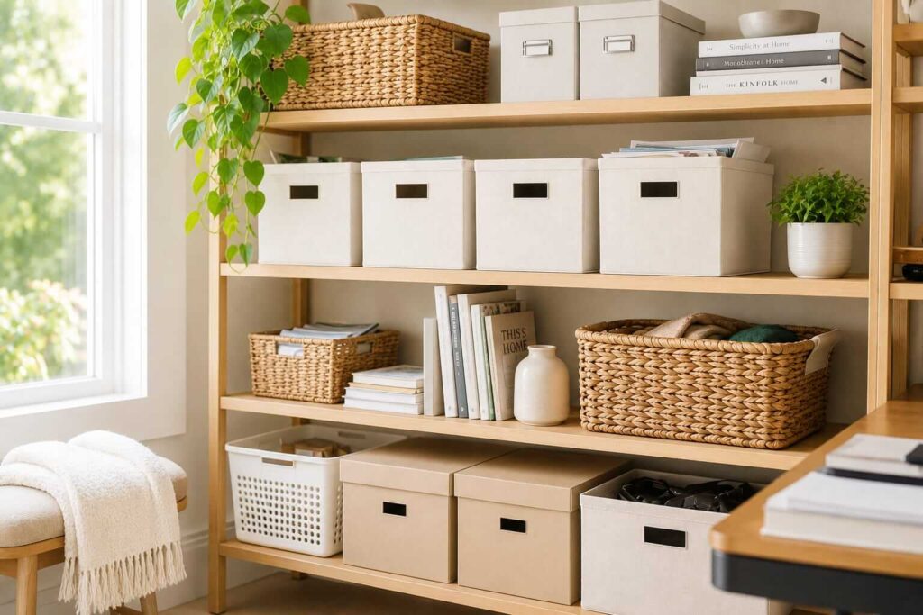 organized household storage system with shelves baskets and containers designed for long term home stability