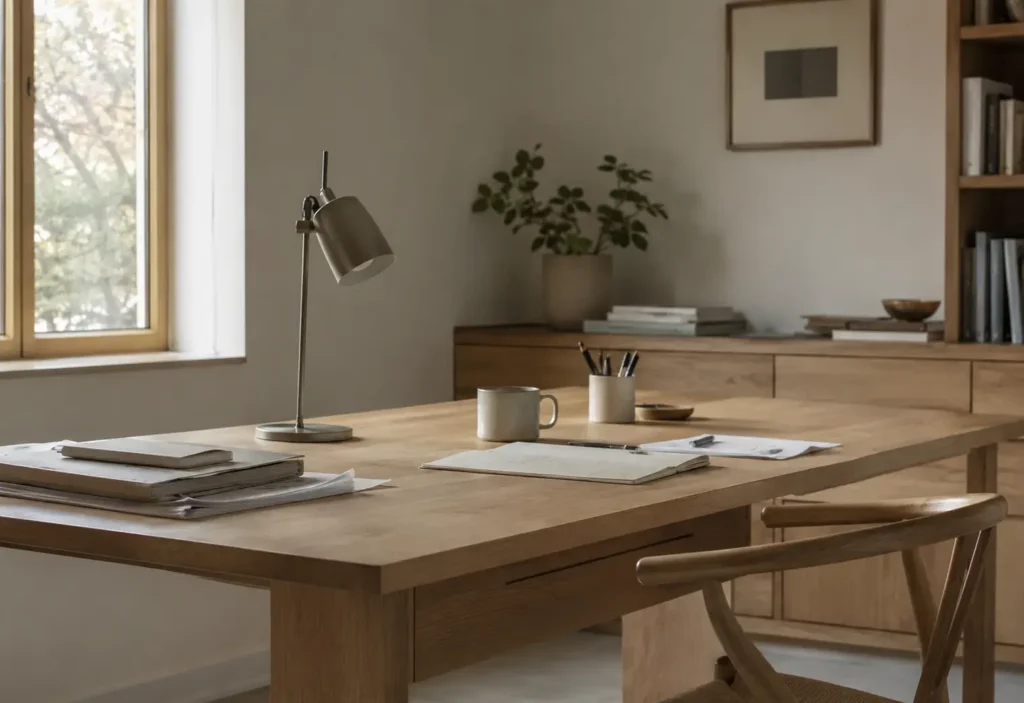 Minimalist workspace with organized desk and soft natural light, representing delayed household tasks and mental load in daily routines
